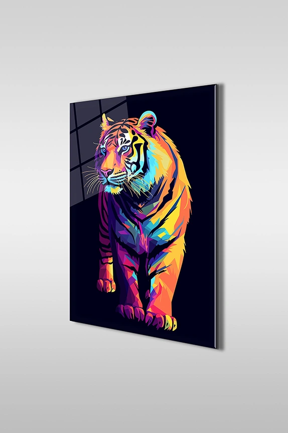 Renkli Kaplan İllüstrasyon Dekoratif Dikey Cam Tablo - GLASZEN