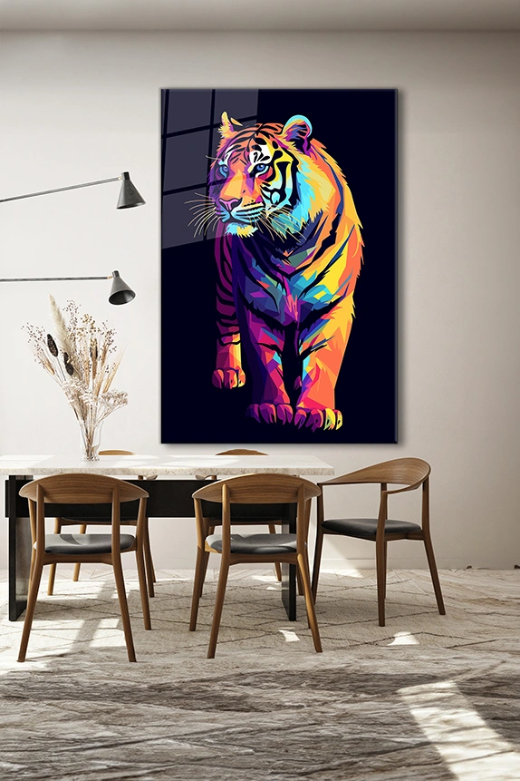 Renkli Kaplan İllüstrasyon Dekoratif Dikey Cam Tablo - GLASZEN